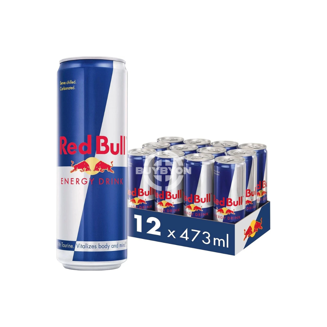 Red Bull Energy Drink - 473ml Case of 12 , featuring the iconic blue and silver design, known for providing a high-energy boost with caffeine, taurine, and B vitamins.