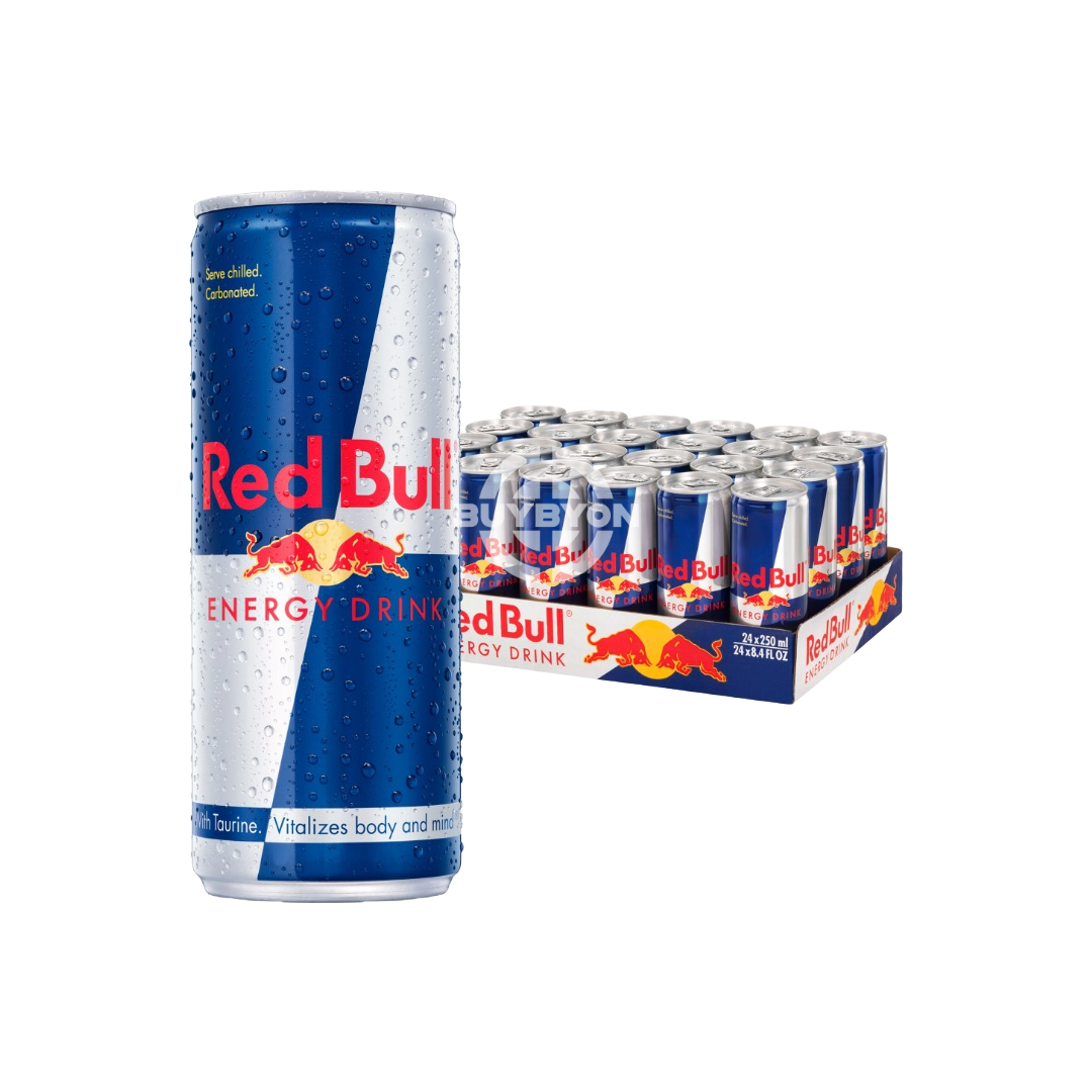 Red Bull Energy Drink - 250ml Case of 24 cans, featuring the iconic blue and silver design, providing a convenient supply of energy and focus