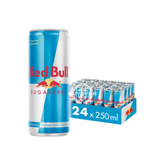 Red Bull Sugar Free Energy Drink - 250ml Case of 24, featuring the iconic blue and silver cans, perfect for providing a bulk supply of sugar-free energy.