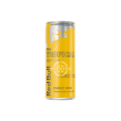 Red Bull Energy Drink Tropical Edition - 250ml can featuring vibrant tropical graphics, highlighting its energising and refreshing qualities. 