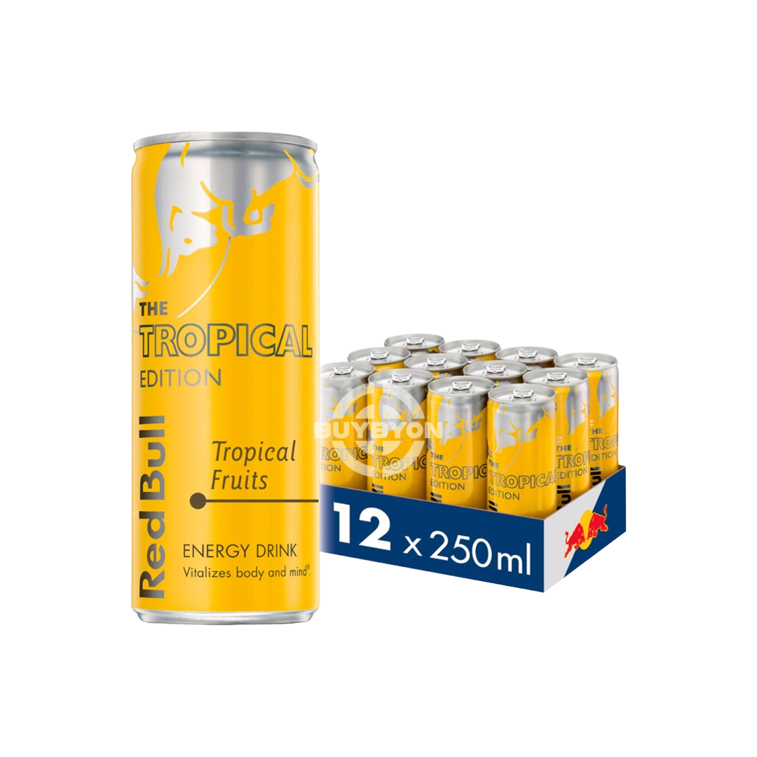 Red Bull Energy Drink Tropical Edition - 250ml Case of 12 cans, featuring vibrant tropical graphics, highlighting the convenience and bulk energy solution.