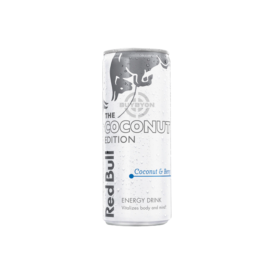 Red Bull Energy Drink Coconut Edition - 250ml can featuring sleek, tropical-themed graphics, highlighting its refreshing coconut flavour and energising properties.