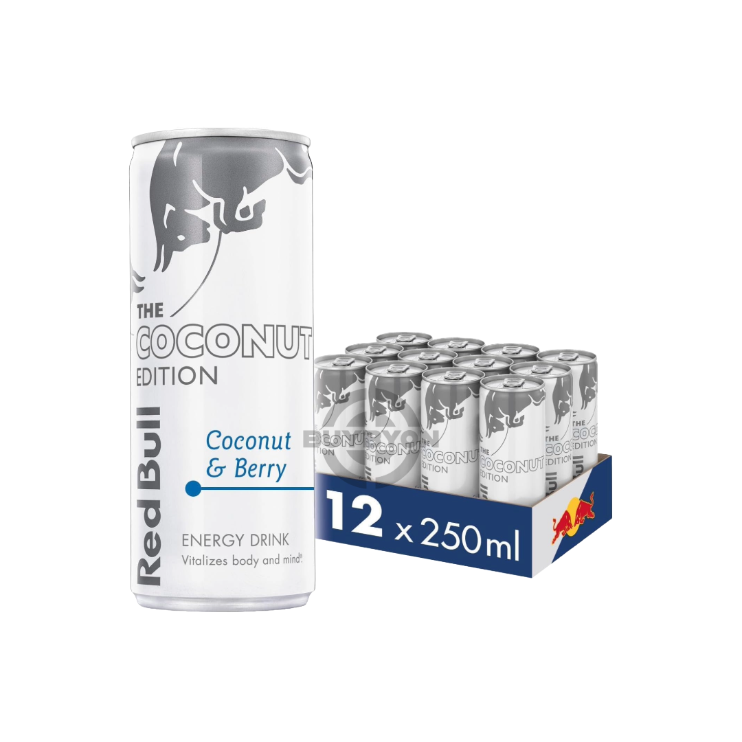 Red Bull Energy Drink Coconut Edition - 250ml Case of 12 cans, featuring sleek, tropical-themed graphics, highlighting the bulk convenience and exotic coconut flavour.