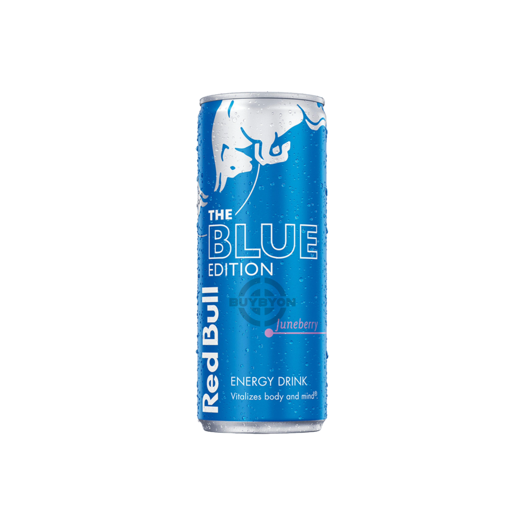 Red Bull Energy Drink Juneberry Blue Edition - 250ml can featuring vibrant blue graphics, highlighting its energising and refreshing qualities.