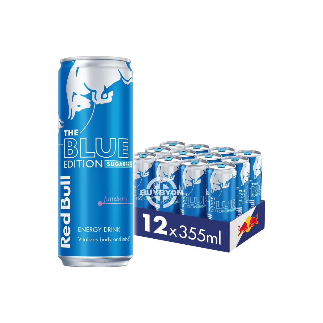 Red Bull Energy Drink Juneberry Blue Edition - 250ml Case of 12 cans, featuring vibrant blue graphics, highlighting the convenience and bulk energy solution.