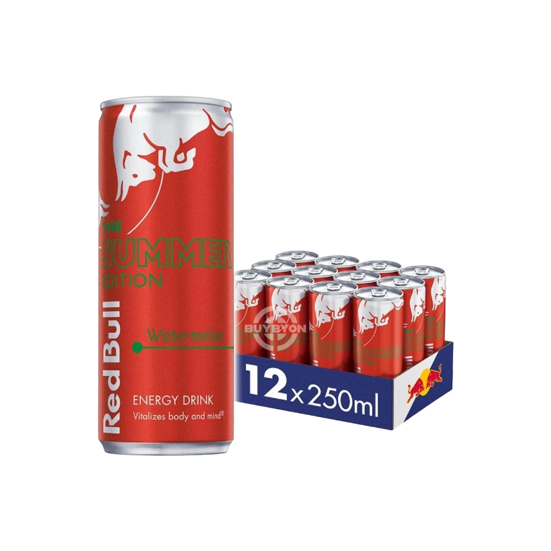 Red Bull Energy Drink Watermelon Red Edition - 250ml Case of 12 cans, featuring vibrant red watermelon graphics, highlighting the convenience and bulk energy solution. 