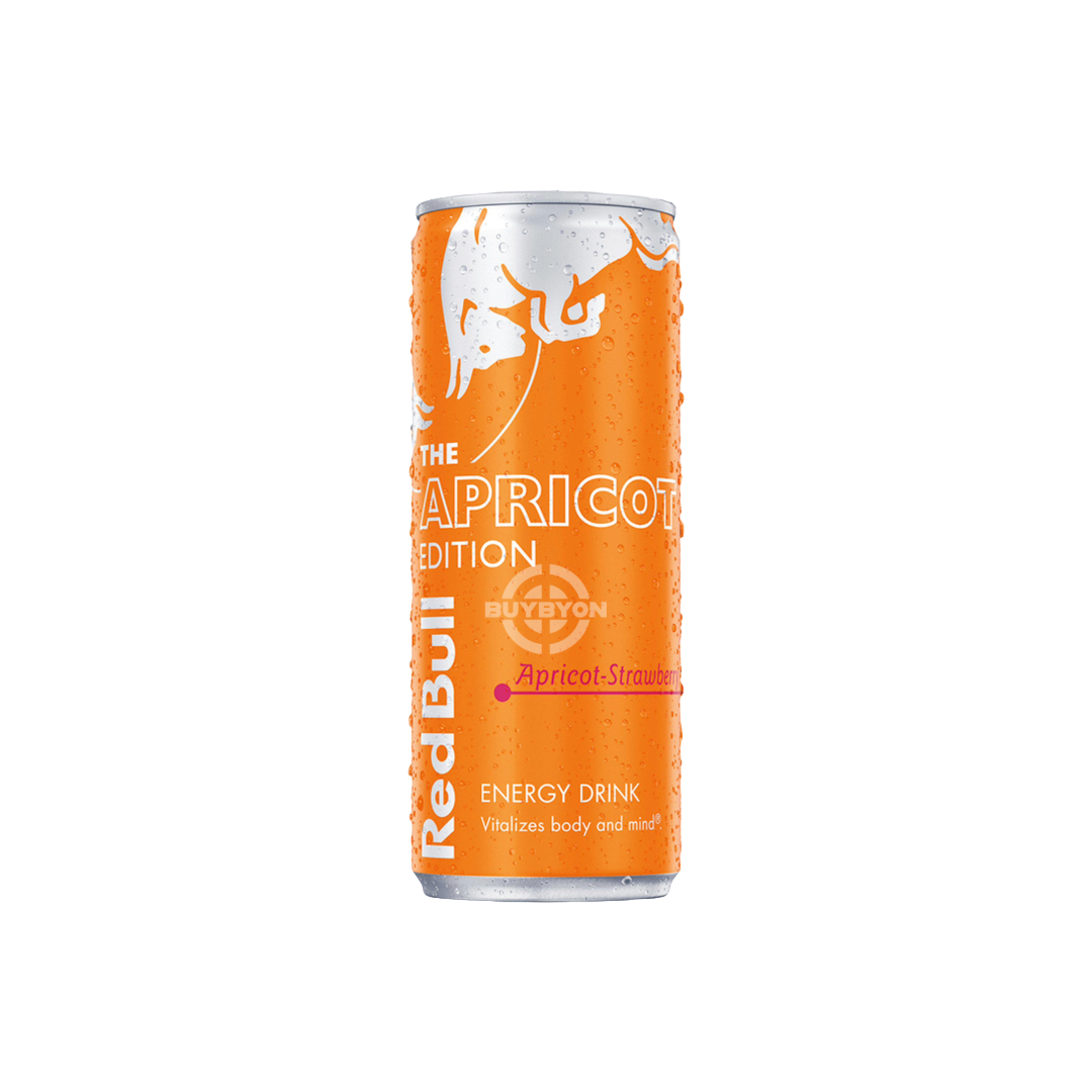 Red Bull Energy Drink Apricot Edition - 250ml can featuring vibrant apricot graphics, highlighting its energising and refreshing qualities.