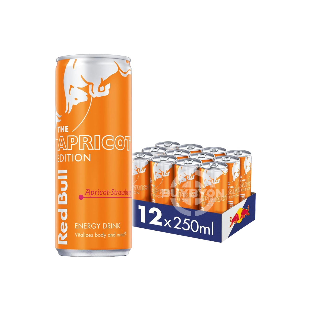 Red Bull Energy Drink Apricot Edition - 250ml Case of 12 cans, featuring vibrant apricot graphics, highlighting the convenience and bulk energy solution.