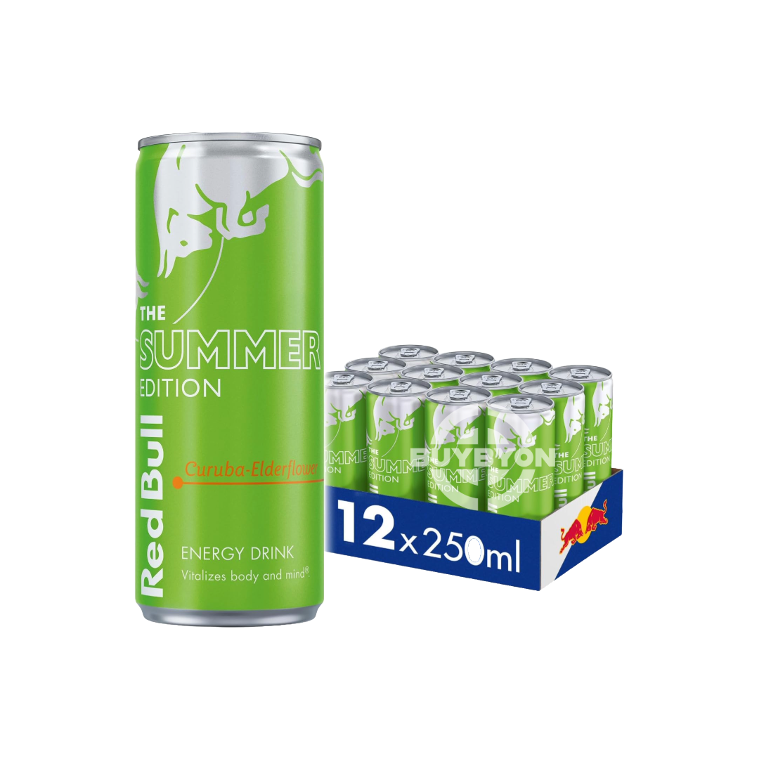 A case of Red Bull Energy Drink Curuba-Elderflower Summer Edition 250ml featuring vibrant cans with colourful design elements.