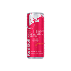 Red Bull Energy Drink Ruby Edition Spiced Pear 250ml can, showcasing a vibrant design with pear and spice illustrations.