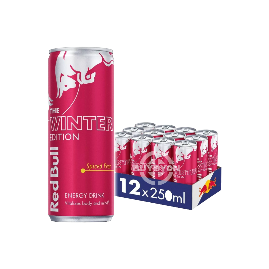 A case of Red Bull Energy Drink Ruby Edition Spiced Pear 250ml with cans featuring elegant pear and spice design elements.