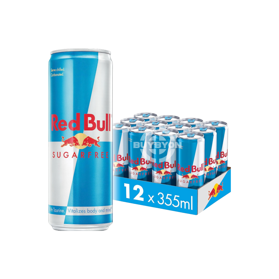 A case of Red Bull Energy Drink Sugar Free 355ml cans, showcasing the sleek silver and blue design with the sugar-free label.