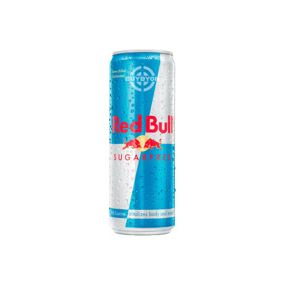 Red Bull Energy Drink Sugar Free 355ml can, featuring a sleek silver and blue design, highlighting the sugar-free label.