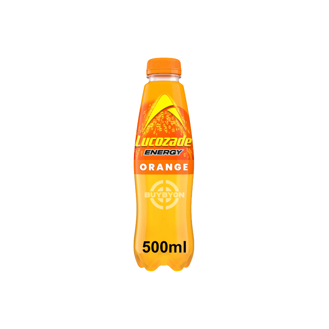 Lucozade Energy Drink Orange 500ml bottle featuring a vibrant orange label with refreshing citrus imagery