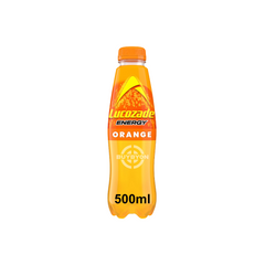 Lucozade Energy Drink Orange 500ml bottle featuring a vibrant orange label with refreshing citrus imagery