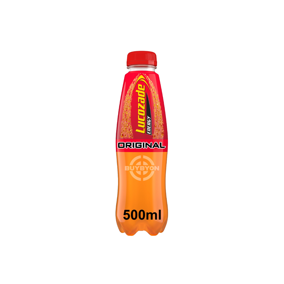 ucozade Energy Drink Original 500ml bottle with classic yellow and orange label, showcasing the iconic brand design and energy-boosting promise.