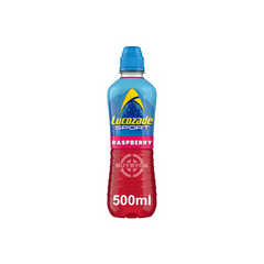 Lucozade Sport Drink Raspberry 500ml bottle with vibrant raspberry-themed label, showcasing the hydration and performance-enhancing qualities of the drink