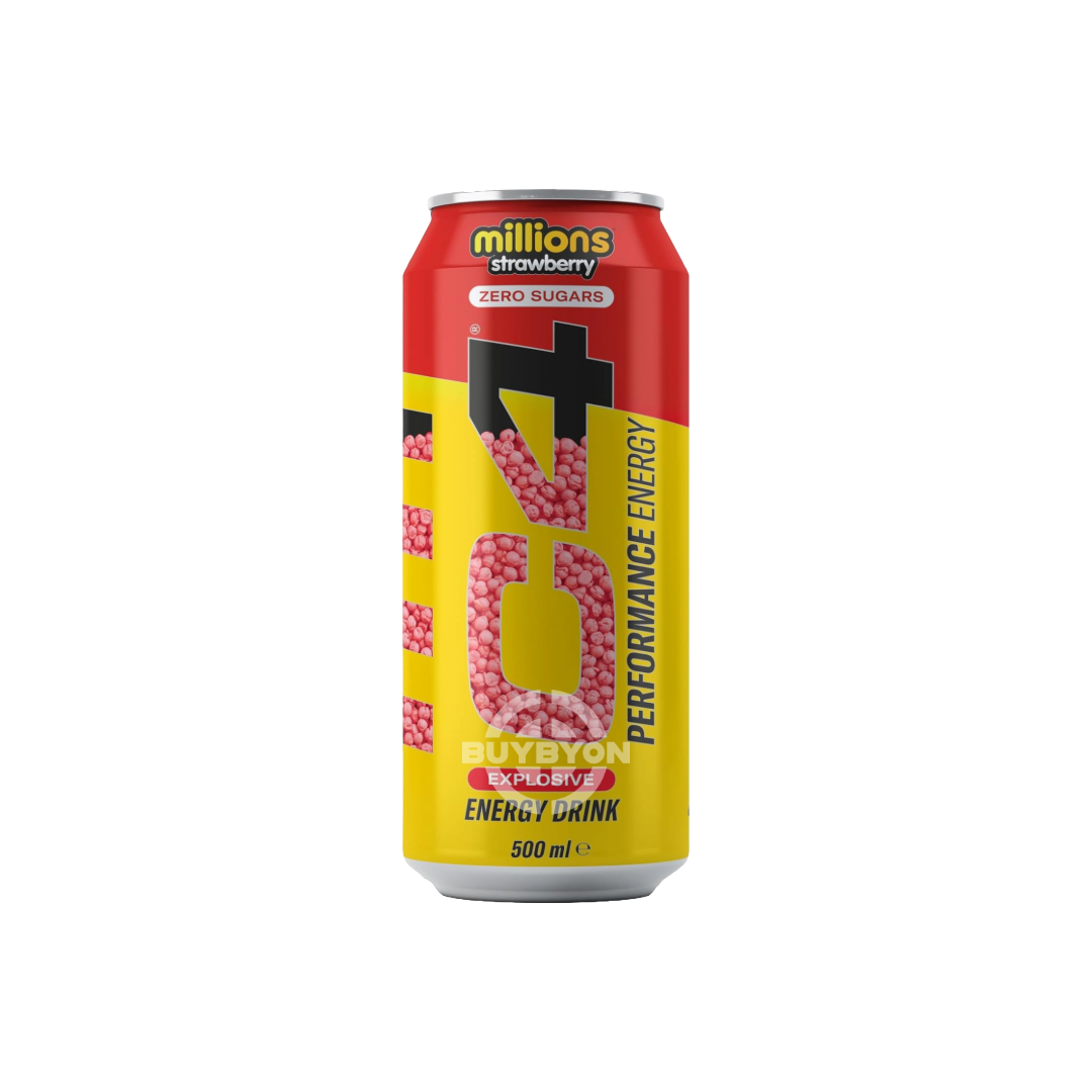 C4 Performance Energy Millions Strawberry Energy Drink 500ml bottle with vibrant red label showcasing a burst of strawberry flavour and energy-boosting benefits