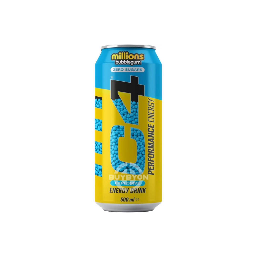 C4 Performance Energy Millions Bubblegum 500ml bottle featuring vibrant blue label, highlighting the fun bubblegum flavour and energy-boosting benefits