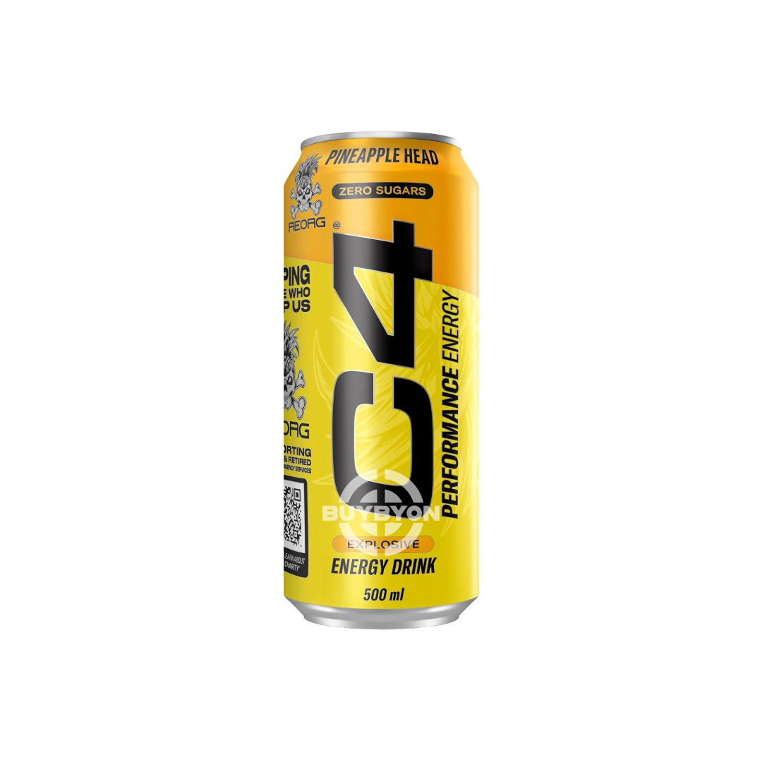 C4 Performance Energy Pineapple Head Energy Drink 500ml bottle featuring vibrant tropical pineapple design and branding.