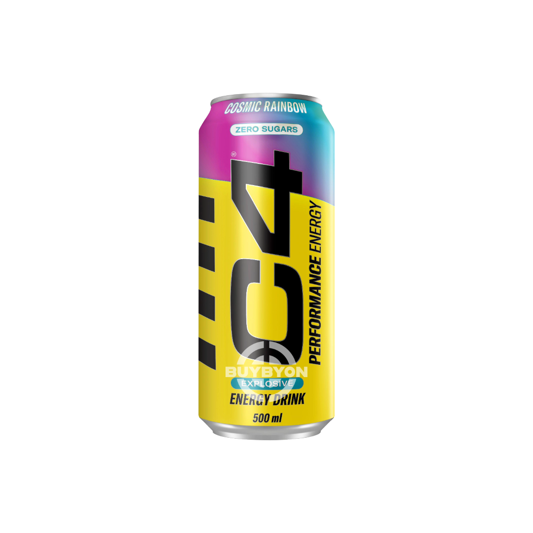 C4 Performance Energy Cosmic Rainbow Energy Drink 500ml bottle featuring a vibrant, colourful label showcasing the unique cosmic rainbow flavour.