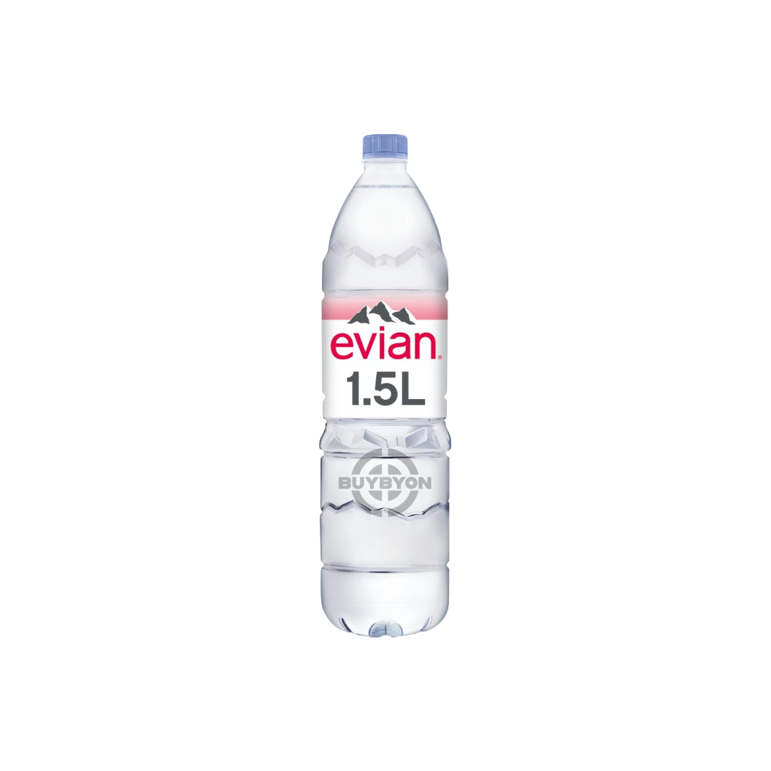 Evian Still Natural Mineral Water 1.5L bottle featuring a clear design with iconic branding, showcasing its natural and pure qualities.