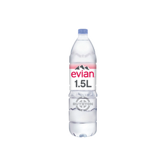 Evian Still Natural Mineral Water 1.5L bottle featuring a clear design with iconic branding, showcasing its natural and pure qualities.