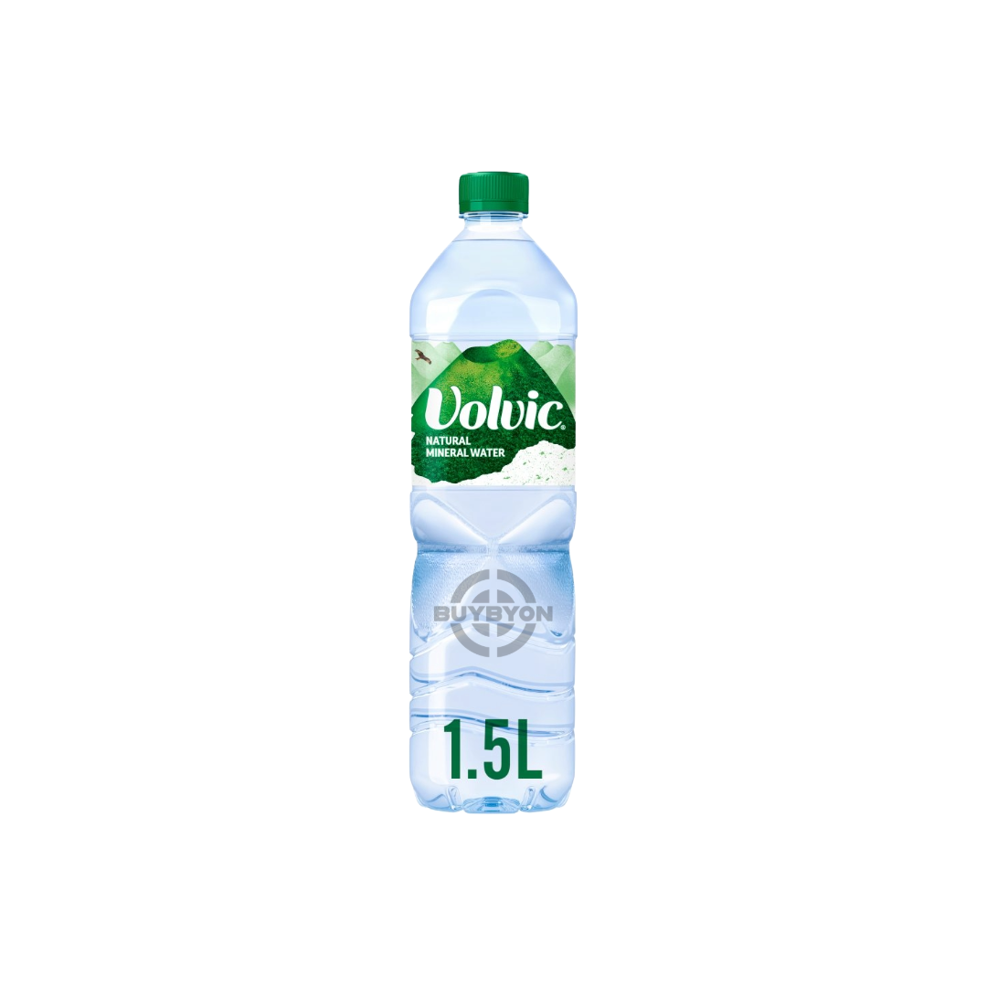 Volvic Natural Mineral Water 1.5L bottle with a clear label showcasing the pristine source and natural mineral content of the water.