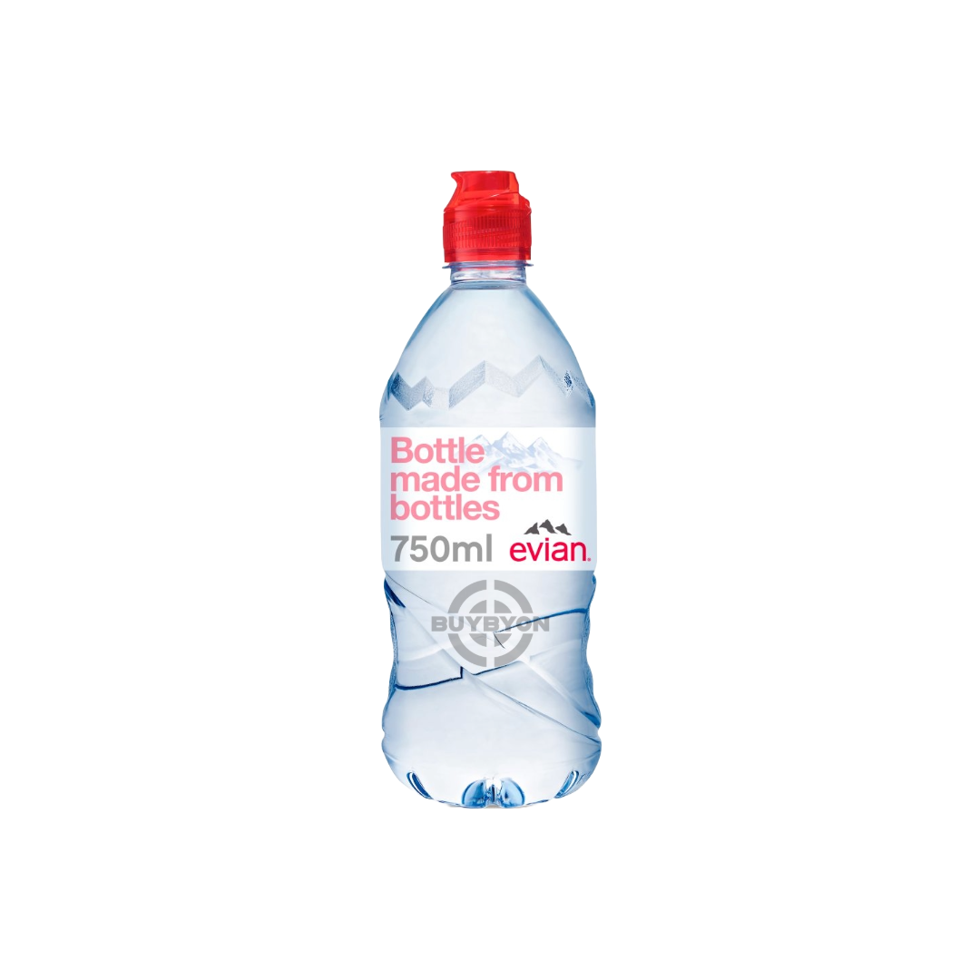 Evian Still Natural Mineral Water 750ml bottle with a sleek design, featuring the iconic Evian label and a clear view of the pure water inside.