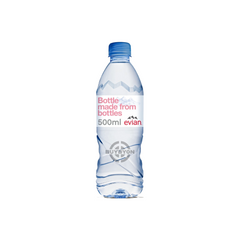 Evian Still Natural Mineral Water 500ml bottle with a sleek design, featuring a label that showcases the iconic Evian branding and highlights its source from the French Alps.