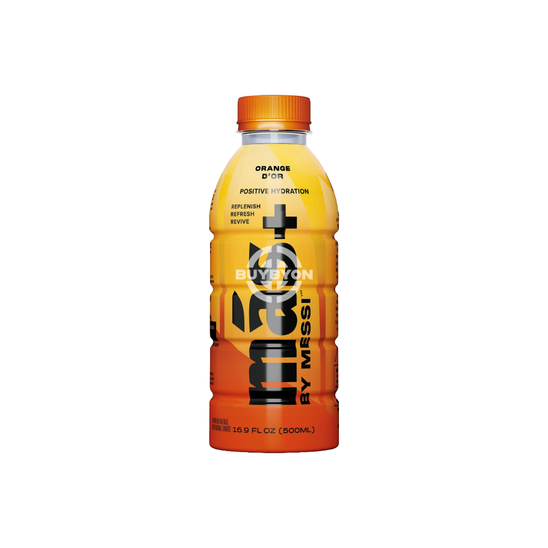 MAS+ Hydration By Lionel Messi Orange D'or 500ml bottle featuring sleek design and vibrant orange label, endorsed by Lionel Messi for optimal hydration.