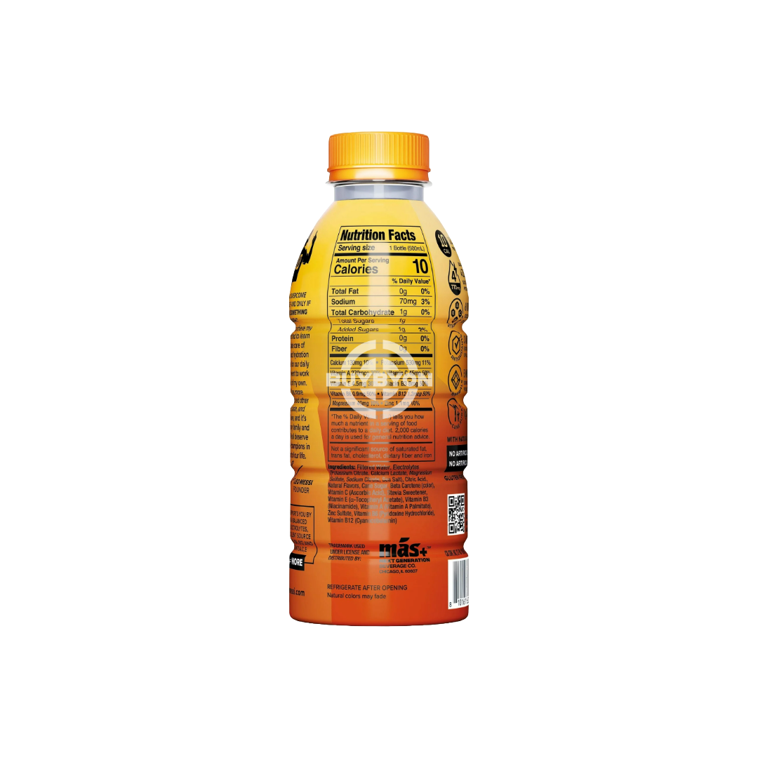 back view of MAS+ Hydration By Lionel Messi Orange D'or 500ml bottle featuring sleek design and vibrant orange label, endorsed by Lionel Messi for optimal hydration.