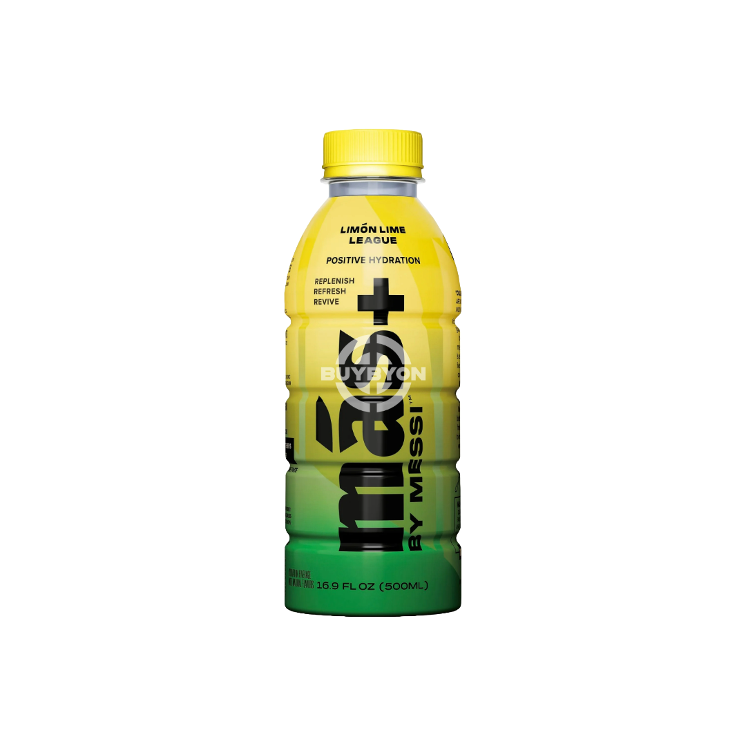 MAS+ Hydration By Lionel Messi Limon Lime League - 500ml bottle, featuring a refreshing limon lime flavour and superior hydration formula endorsed by Lionel Messi.