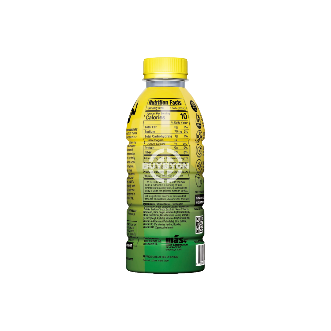 back view of MAS+ Hydration By Lionel Messi Limon Lime League - 500ml bottle, featuring a refreshing limon lime flavour and superior hydration formula endorsed by Lionel Messi.