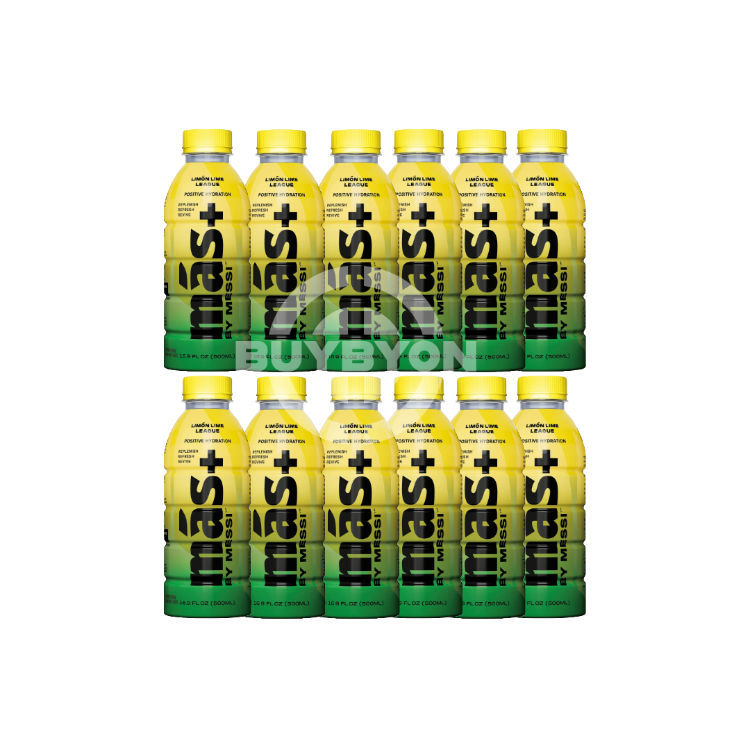 MAS+ Hydration By Lionel Messi Limon Lime League - 500ml Case of 12, featuring a refreshing lime flavour and a premium hydration formula endorsed by Lionel Messi.