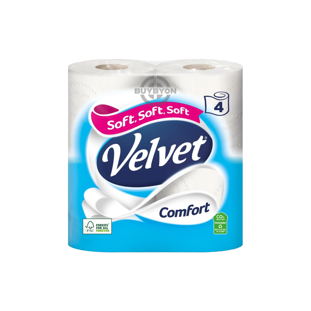 A pack of Velvet Comfort Toilet Roll featuring 4 rolls, showcasing its high-quality, soft paper designed for a luxurious and comfortable bathroom experience.