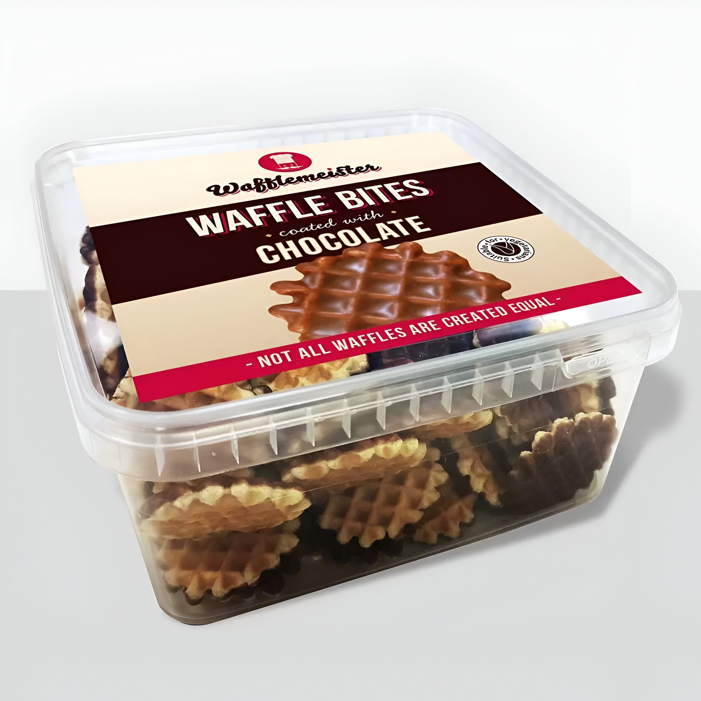 Wafflemeister Belgian Chocolate Mini Waffle Bites - 700g featuring crispy Belgian waffles coated in chocolate, ideal for sharing and snacking.