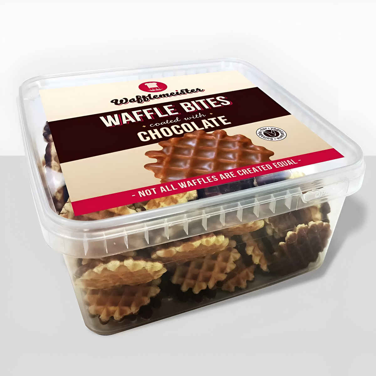 Wafflemeister Belgian Chocolate Mini Waffle Bites - 700g featuring crispy Belgian waffles coated in chocolate, ideal for sharing and snacking.