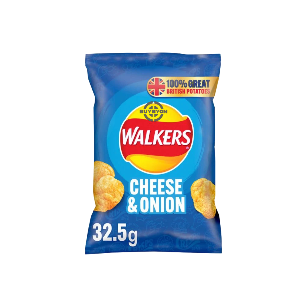 Walkers Crisps Cheese &amp; Onion - 32.5g pack, featuring crispy chips with a rich cheese and onion flavour. Perfect for quick and satisfying snacking.