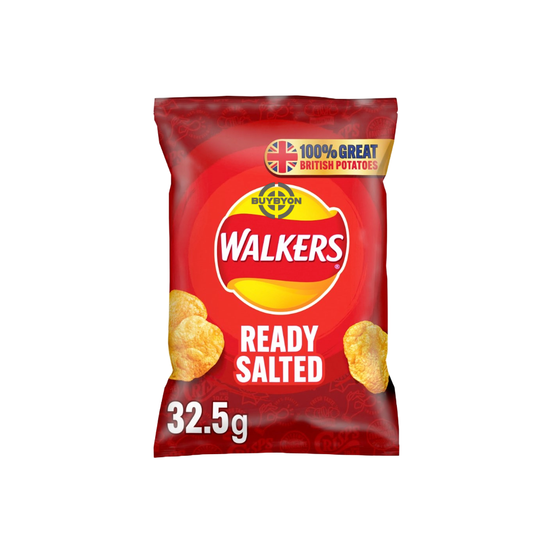 Walkers Crisps Ready Salted - 32.5g pack, featuring crispy chips with a classic salted flavour. Perfect for quick and convenient snacking.