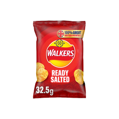 Walkers Crisps Ready Salted - 32.5g pack, featuring crispy chips with a classic salted flavour. Perfect for quick and convenient snacking.