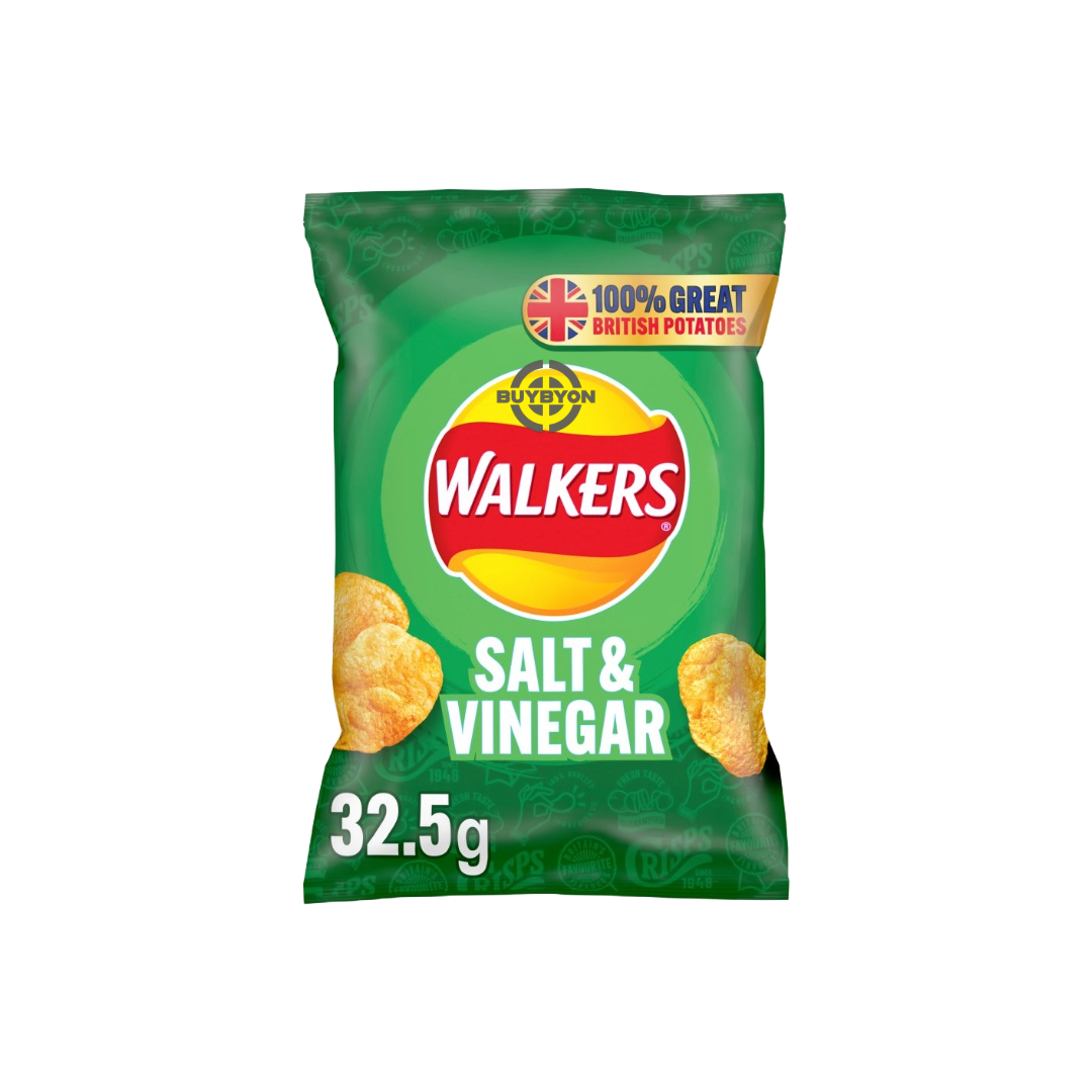 Walkers Crisps Salt &amp; Vinegar - 32.5g pack, featuring crispy chips with tangy salt and vinegar seasoning. Ideal for a quick and convenient snack.