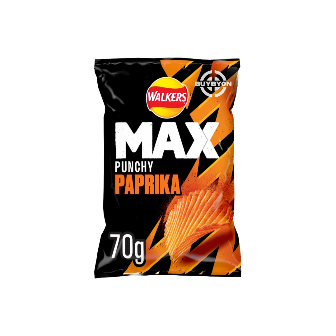 Walkers Max Punchy Paprika Crisps - 70g pack, featuring crisps with a bold, tangy paprika flavour for a spicy, smoky snack experience.