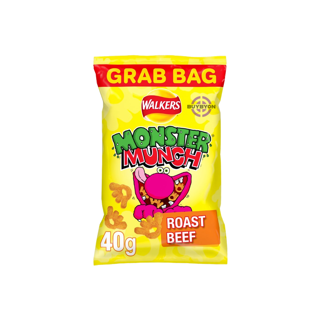 Walkers Monster Munch Roast Beef Snacks Crisps - 40g pack, featuring hearty roast beef flavour with fun monster-shaped crisps for a unique and satisfying snack.