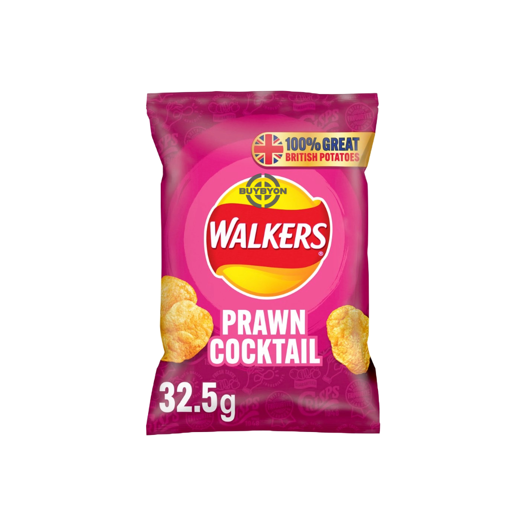 Walkers Prawn Cocktail Crisps - 32.5g pack, featuring crispy chips with a tangy prawn cocktail flavour. Ideal for convenient and delicious snacking.