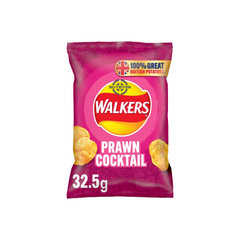 Walkers Prawn Cocktail Crisps - 32.5g pack, featuring crispy chips with a tangy prawn cocktail flavour. Ideal for convenient and delicious snacking.