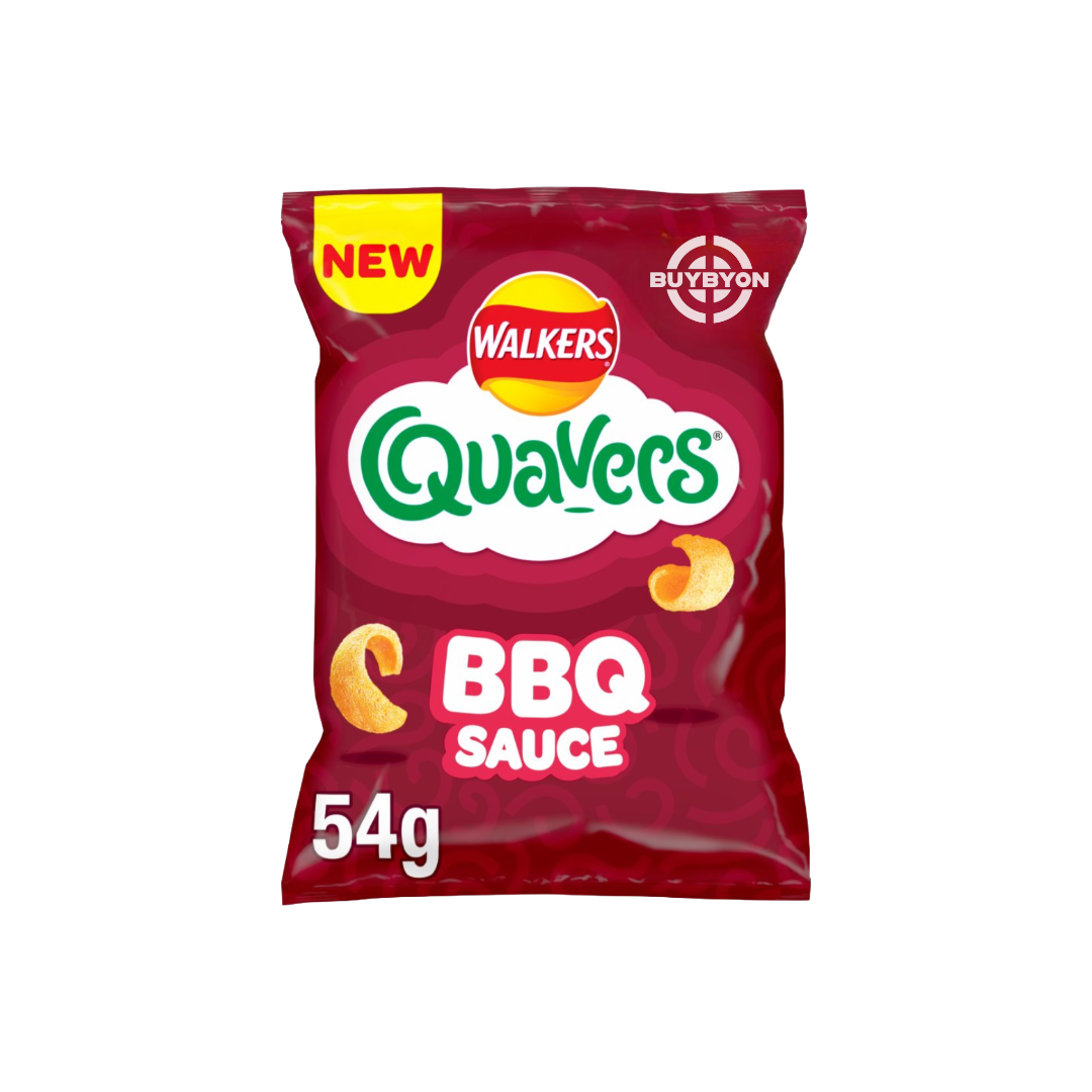 Walkers Quavers BBQ Sauce Snacks Crisps - 54g pack, featuring light, crispy snacks with a smoky BBQ sauce flavour for a unique and satisfying treat.