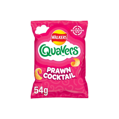 Walkers Quavers Prawn Cocktail Snacks Crisps - 54g pack, featuring light, crispy snacks with a tangy prawn cocktail flavour for a refreshing snack experience.