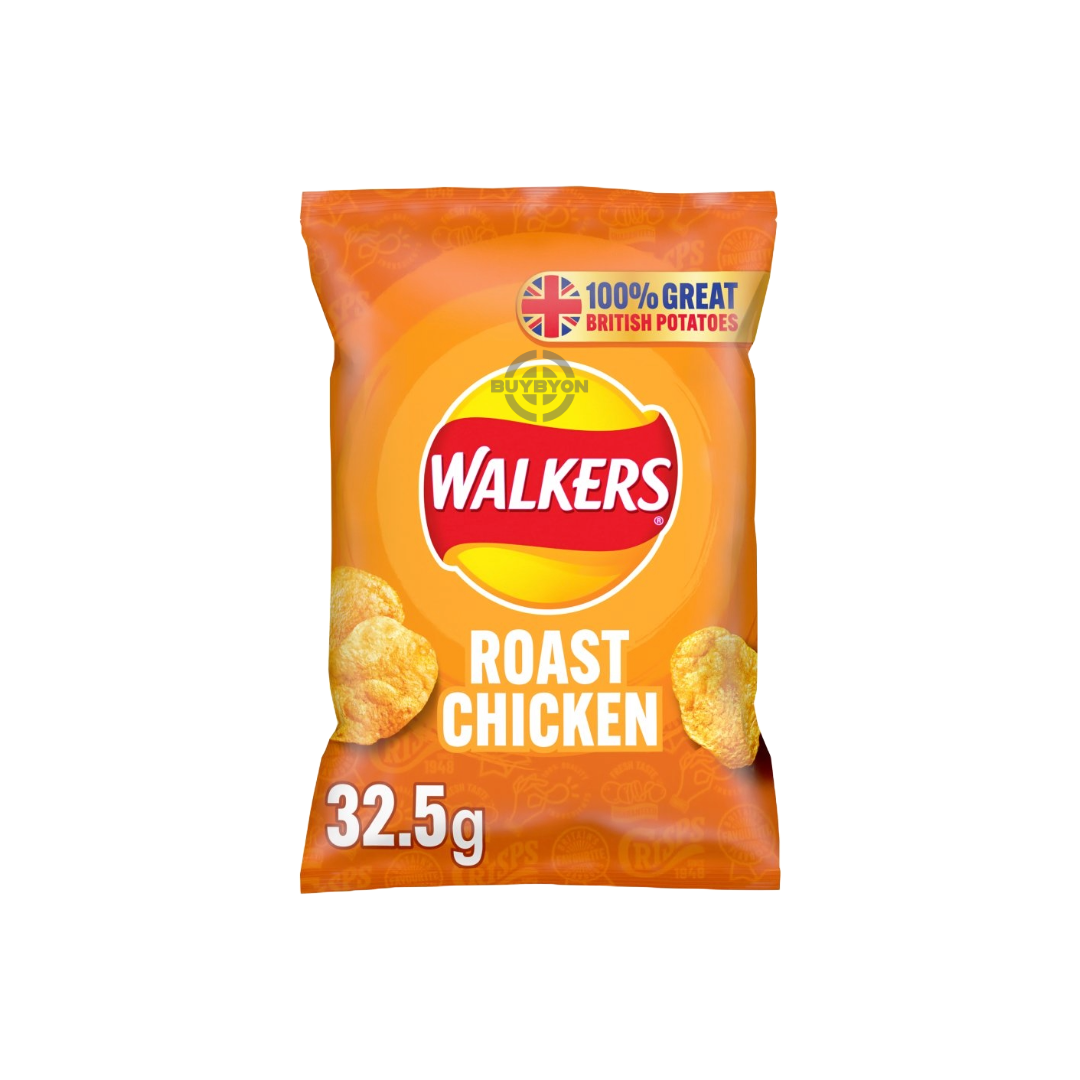 Walkers Roast Chicken Crisps - 32.5g pack, featuring crispy chips with a rich roast chicken flavour. Ideal for quick and satisfying snacking.