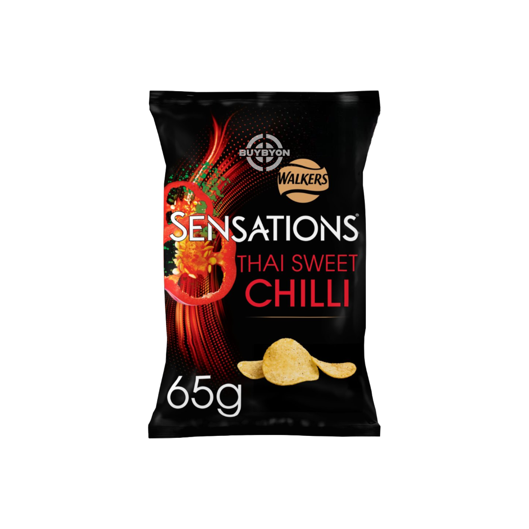 Walkers Sensations Thai Sweet Chilli Crisps - 65g pack, featuring crisps with a bold sweet and spicy Thai flavour for a unique and satisfying snack.